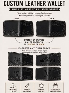 CUSTOM LEATHER Hand-Tooled Leather Bifold Wallet Design BLACK